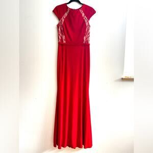 Red Holiday gown, full length with full cover lined lace detailing size 6